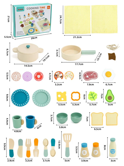 Juego de cocina de madera Montessori con platos y accesorios, ideal como regalo para niños pequeños a partir de 3 años.