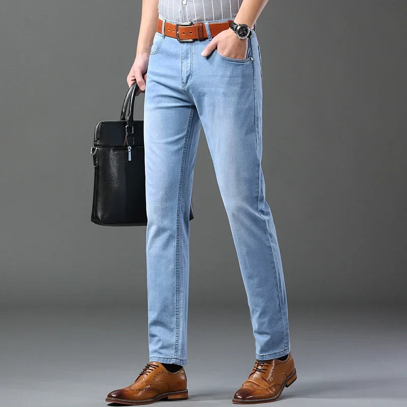 Spring Autumn Business Men Jeans Casual Straight Stretch Fashion Classic Black Sky Blue Grey Work Denim Trousers Brand Clothing