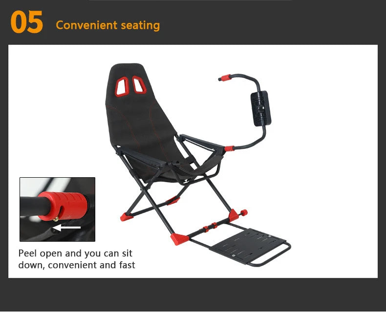 Inicio Simulador de juegos Simulador de carreras plegable Soporte de asiento Soporte de volante Experimentador de juegos de carreras