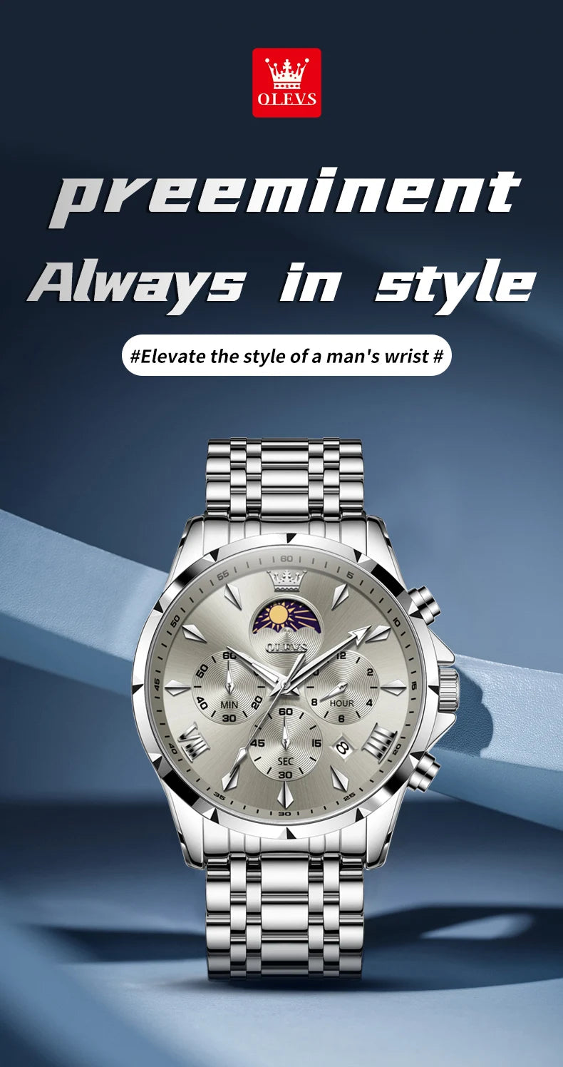 OLEVS 3653 Mens Watch Quartz Watch Multifunctional Chronograph Watch For Men 30M Waterproof Luminous Moon Phase Box Original
