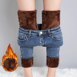 Women's Thermal Jeans Winter Snow Warm Plush Stretch Jeans Lady Skinny Thick Fleece Denim Long Pants Retro Blue Pencil Trousers