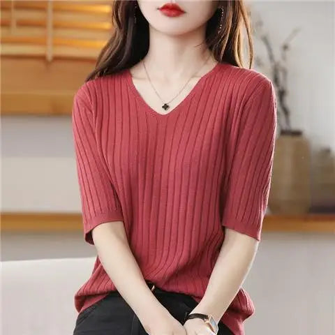 2023 New Spring Summer New Women's V-neck Short-Sleeved Exquisite Cashmere Knitted Sweater Pullover Solid Color