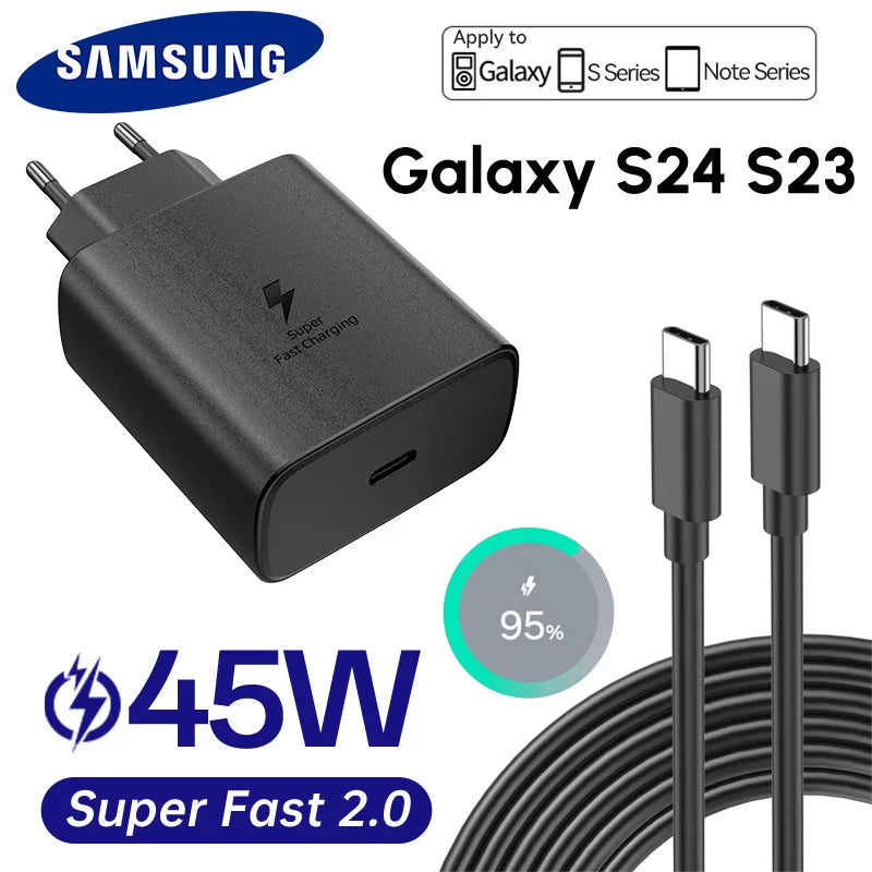 Cargador de pared Samsung PD de 45 W, carga superrápida, original de EE. UU., cable USB C a tipo C de 5 A, para Galaxy S25, S24, S23, S22 Ultra, A54, A53 y Note20.