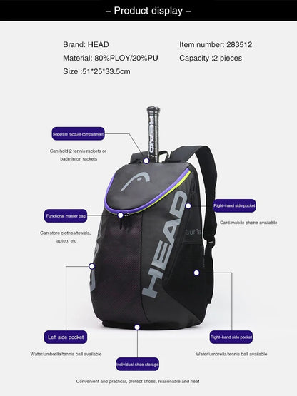 HEAD Tennis Backpack Outdoor Sport Bag Tennis Bag Badminton Gymbag Backpack Original Tennis Backpack With Separated Shoe Bag
