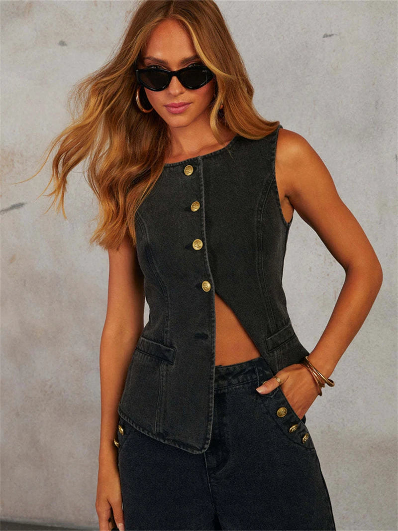 Streetwear Denim 2 Piece Sets Women Outfit Summer Clothes Women 2025 Sleeveless Vest Top Wide Leg Pants Sets Jeans Two Piece Set