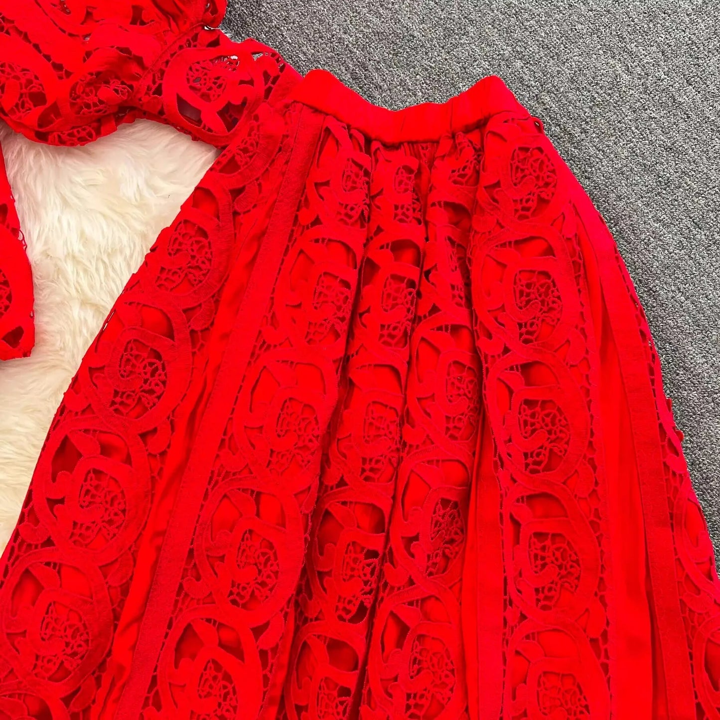 Autumn Crochet White Lace Embroidery 3 Pieces Sets Women Dress Suits Hollow Out Loose Shirt Top Elastic Waist Maxi Skirt Suit