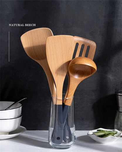 Espátula de madera con mango largo para cocinar, antiadherente, para saltear, resistente al calor, para el hogar, accesorio de cocina