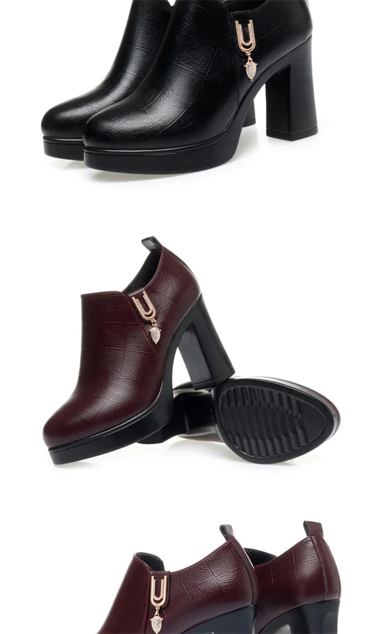 Comfortable Deep Mouth Soft Leather Anti-slip  Shoes Platform Spring 2024 Women's Block Black High Heels Office Mother Shoes