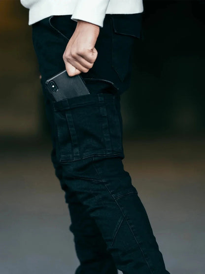 Street men's denim work pants washed solid color multi pocket casual mid waist pants slim fit daily wear jogging pants