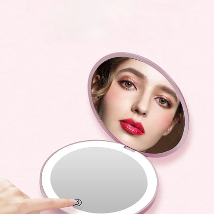 1X/10X Magnification LED Pocket Mirror Portable Handheld Rechargeable Compact Cosmetic Mirror with Light Travel Round Folding