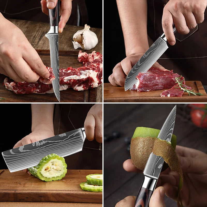 1-6 uds Juego de cuchillos de cocina de acero inoxidable 7CR17 440C láser Damasco japonés Santoku cuchillo rebanador cuchillo de Chef