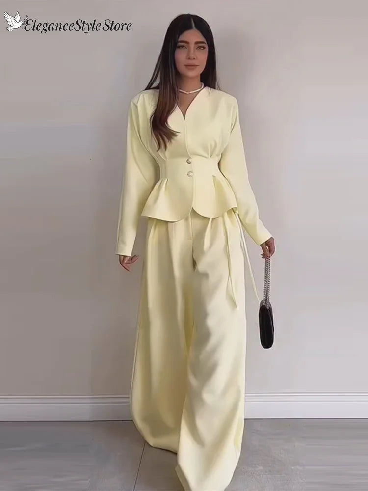 Solid Yellow Pant 2 Piece Set Women's Full Sleeves Buttons Waist-cinching Coats Wide-leg Trousers 2026 New Ladies Autumn Outfit