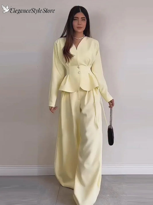 Solid Yellow Pant 2 Piece Set Women's Full Sleeves Buttons Waist-cinching Coats Wide-leg Trousers 2026 New Ladies Autumn Outfit