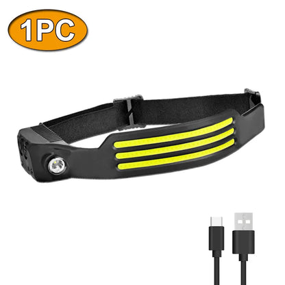 Linterna frontal de inducción LED recargable por USB, batería incorporada, 5 modos de iluminación, para acampar al aire libre y pescar.