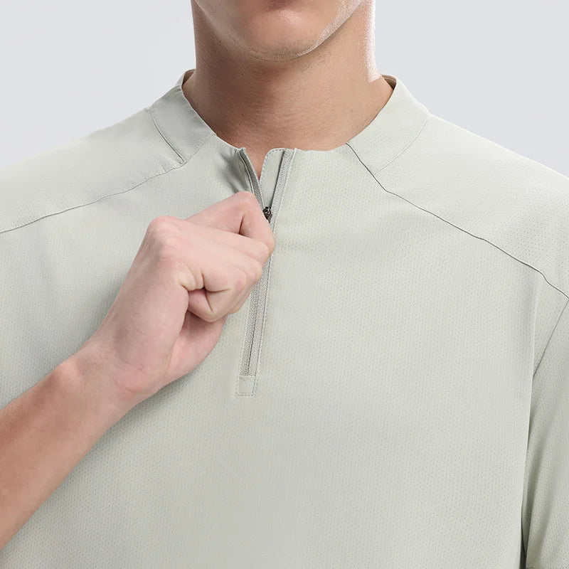 (M-4XL) camiseta de corrida de secagem rápida masculina gola meio zíper roupas de fitness masculina ajuste solto treinamento esportes mangas curtas