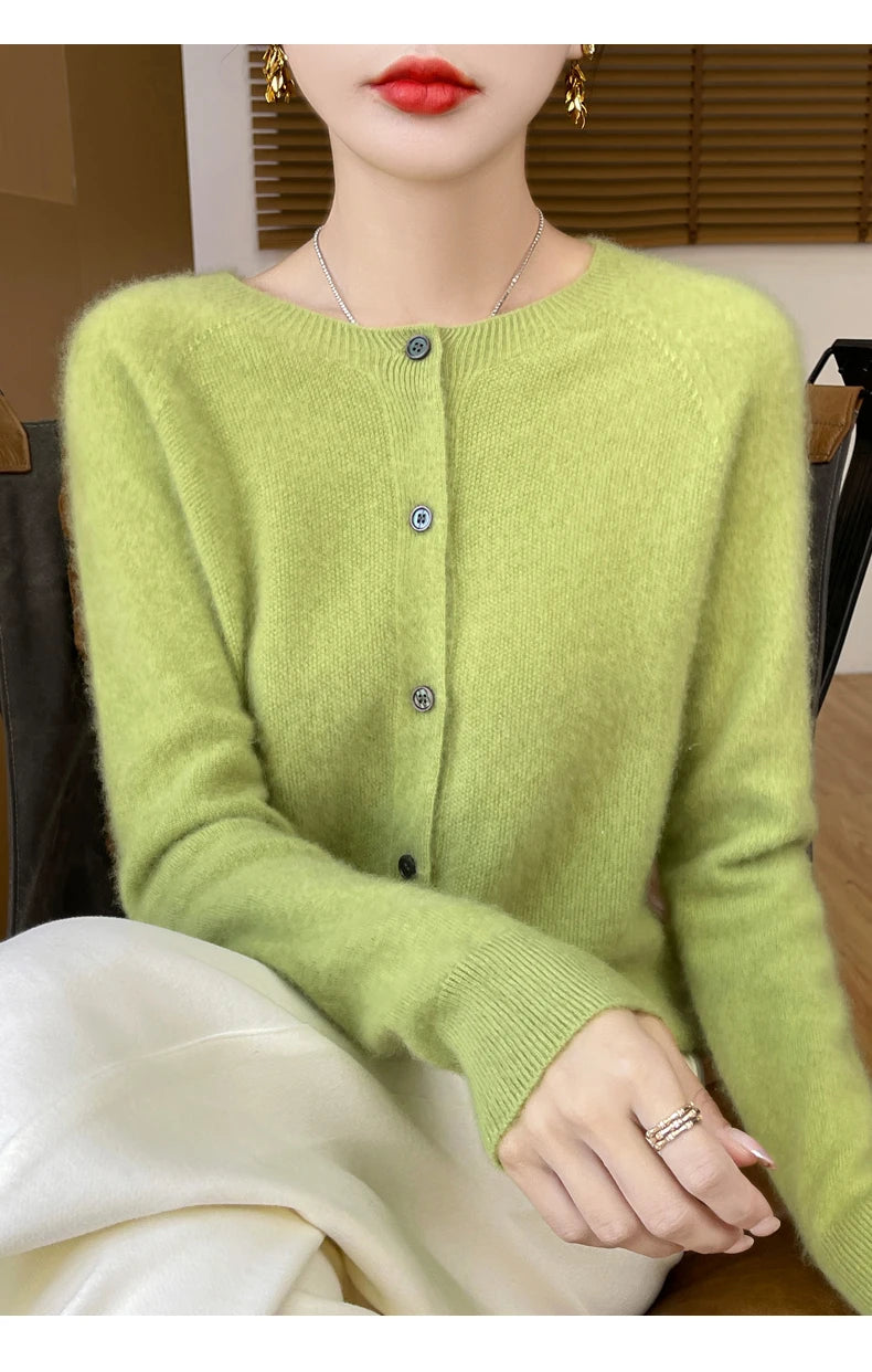 100% Merino Wool Long Sleeve Sweaters Cashmere Cardigan Spring Autumn Women O-Neck Knitwear Tops Clothing Fashion Basic Tops