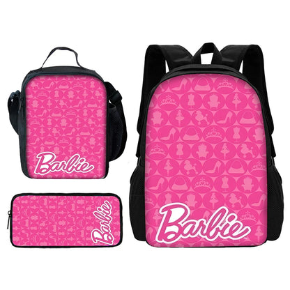 Cartoon Dolls 3 pcs set Child School Backpack with Lunch Bags Pencil Bags B-Barbies School Bags for Boys Girls Best Gift