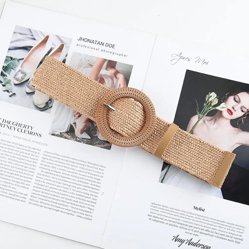 Summer Fashion Women Straw Belt Casual Bohemian Wide Summer Braided Waistbelt  Buckle Elastic Female Straw Waist Belt