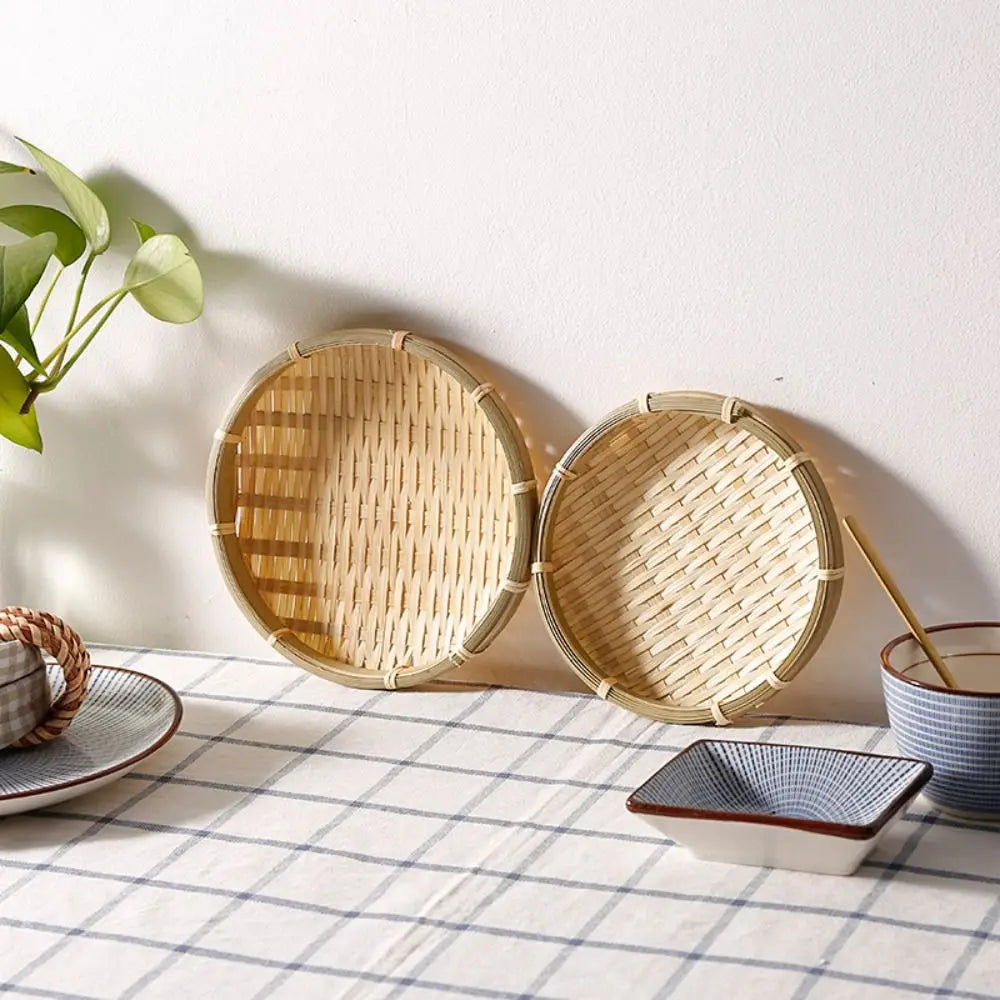 Handmade Woven Woven Bamboo Tray Bamboo Round Bamboo Woven Basket Decorative Serving Tray Living room