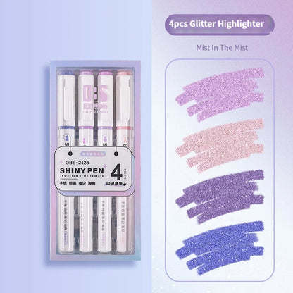 4 Colors/box Kawaii Glitter Highlighter Pen Pastel Fine Pastel Highlighter Marker Scrapbook Painted Stationery School Supplies