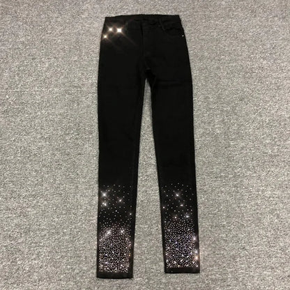 Spring Summer 2024 New Fashion Harem Denim Pants Female Rhinestones Korean Version High Waist Slim Elastic Jeans Pencil Pants