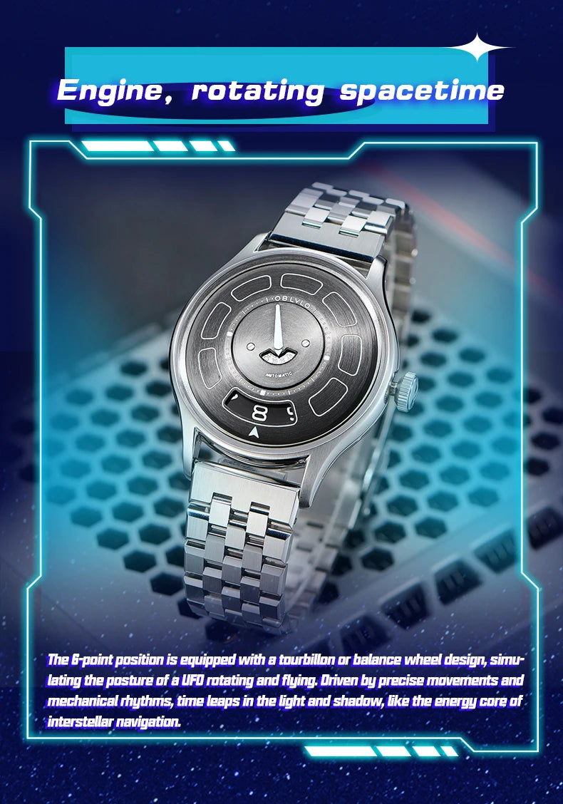 OBLVLO BLM-UFO Unique UFO-Shaped Automatic Watch with Luminous Silicone Strap And Steel Bracelet Waterproof Mechanical Timepiece