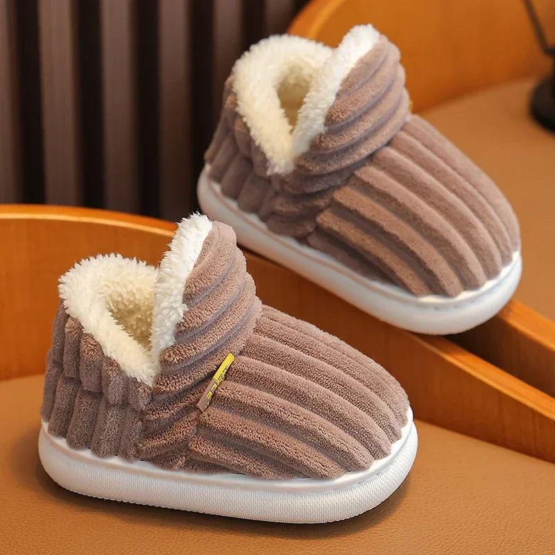 New Winter Concise Stripe Plush Slippers Children's Non-slip Soft Sole Kids Boys Girls Heel Wrap Warm High Home Cotton Shoes