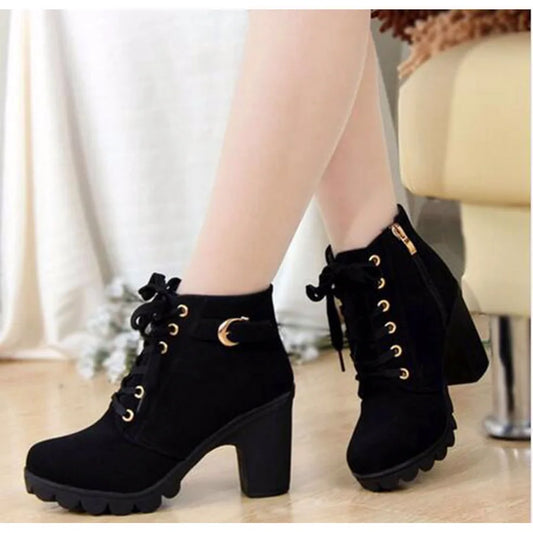 Botas de tacón alto de PU para mujer, zapatos europeos con cordones de alta calidad, entrega rápida, primavera e invierno, 2023