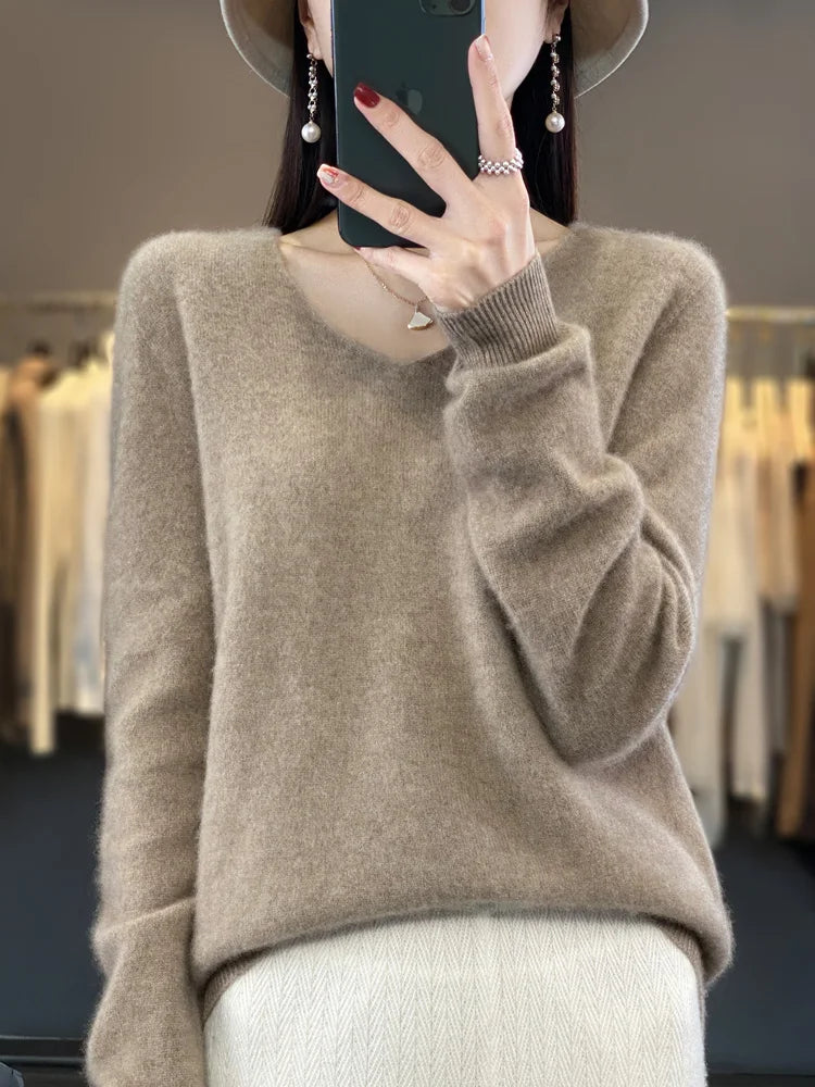 Suéter básico de otoño-invierno 2024 para mujer, 100 % lana merino, cuello en V, tejido de punto liso, jersey de oficina para mujer, manga larga, cachemir.