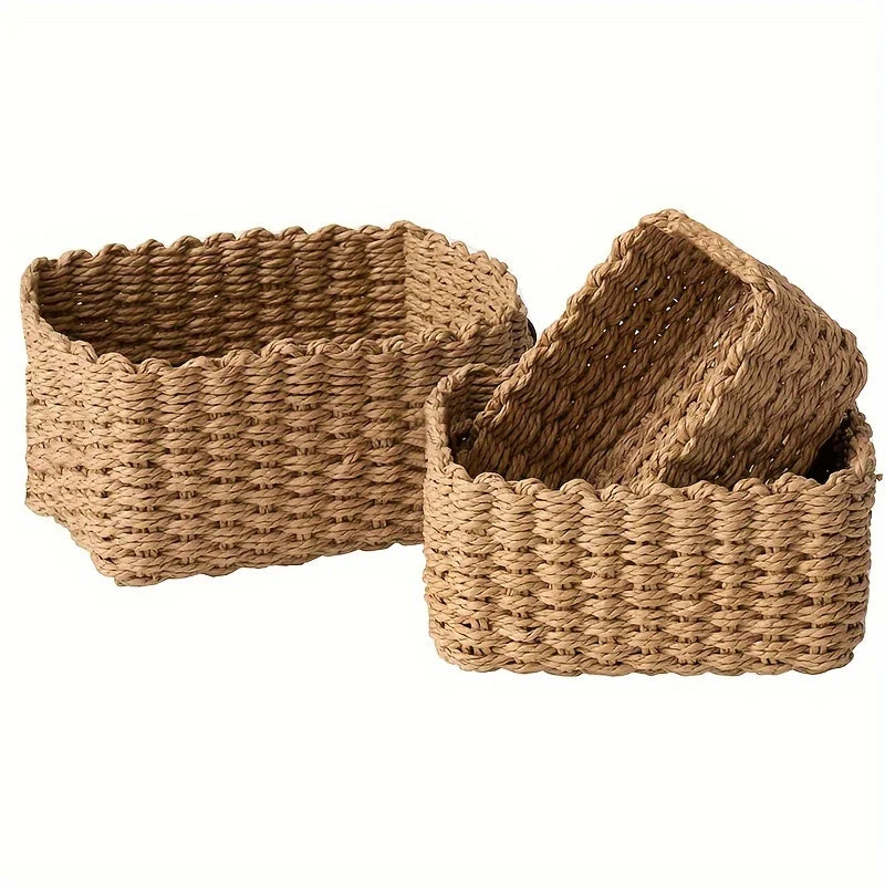3pcs Paper Rope Storage Baskets for Organizing Container Bins for Shelves Cupboards Drawer,Small Woven Basket,Multifunctional