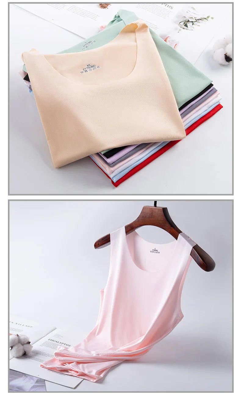 Summer Women Tank Tops Ice Silk Seamless Vest  Female Thin Breathable Sleeveless Shirts Slim Camisoles Undershirts Black M-4XL