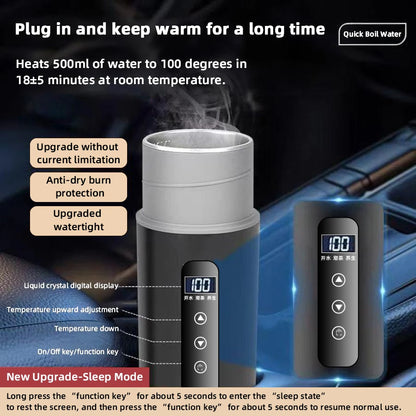 Hervidor eléctrico portátil para coche, 12 V, 24 V, 500 ml, para viaje, con aislamiento inteligente de acero inoxidable y pantalla OLED