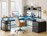 Escritorio para juegos en forma de L EnHomee con cajones, reversible, de 167 cm, para oficina en casa, con luz LED y tomas de corriente, color blanco.