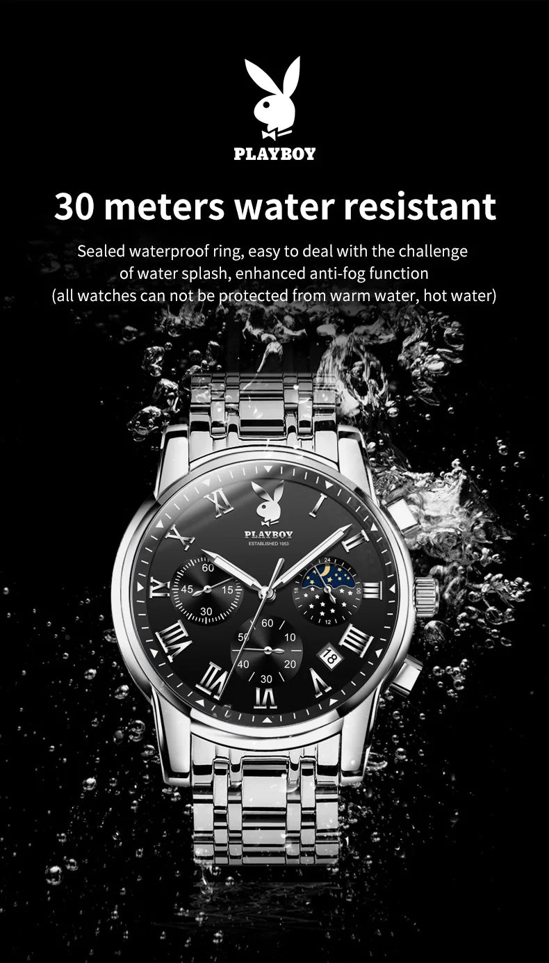 PLAYBOY Best Selling Fashion Luxury Quartz Watch for Men Original Stainless Steel Multifunction Waterproof Men's Wrist Watches