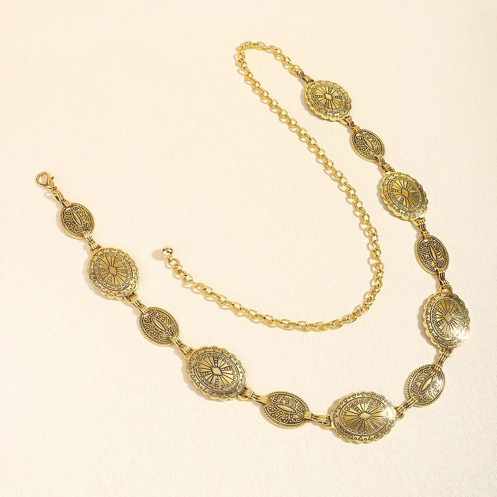 1/2pcs Retro Style WOMEN'S Metal Waist Chain Accessories Decorative Circle Carved Chain Belt High Style Accessories