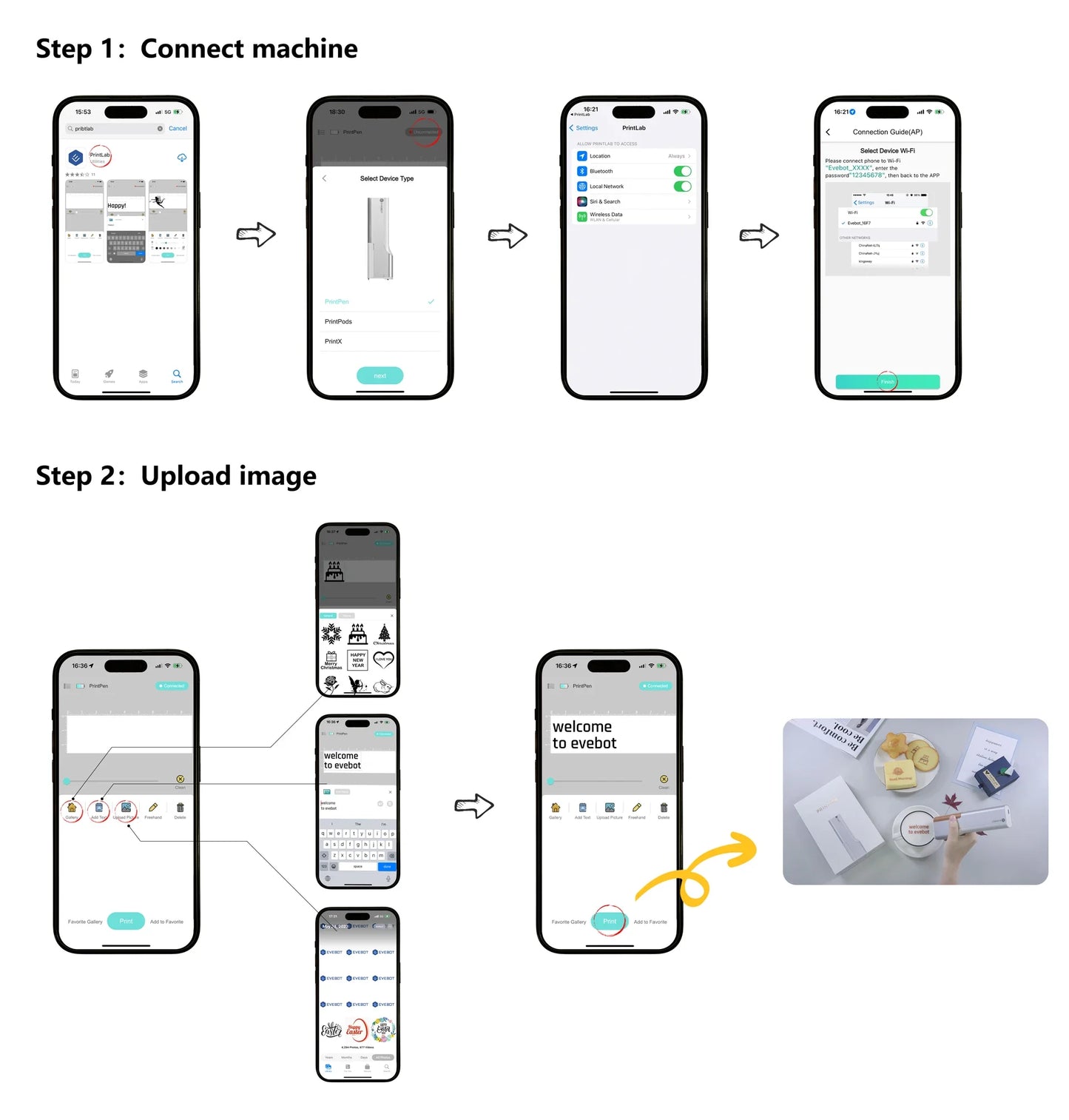 EVEBOT Printpen Food-Specific Handheld Printer Bread Coffee Milk Tea Biscuit Pattern Logo Smart Portable Mini Small Print