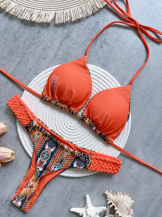 RUOTONSEPT Bikini con cuello halter y estampado de corte alto para mujer, traje de baño de dos piezas