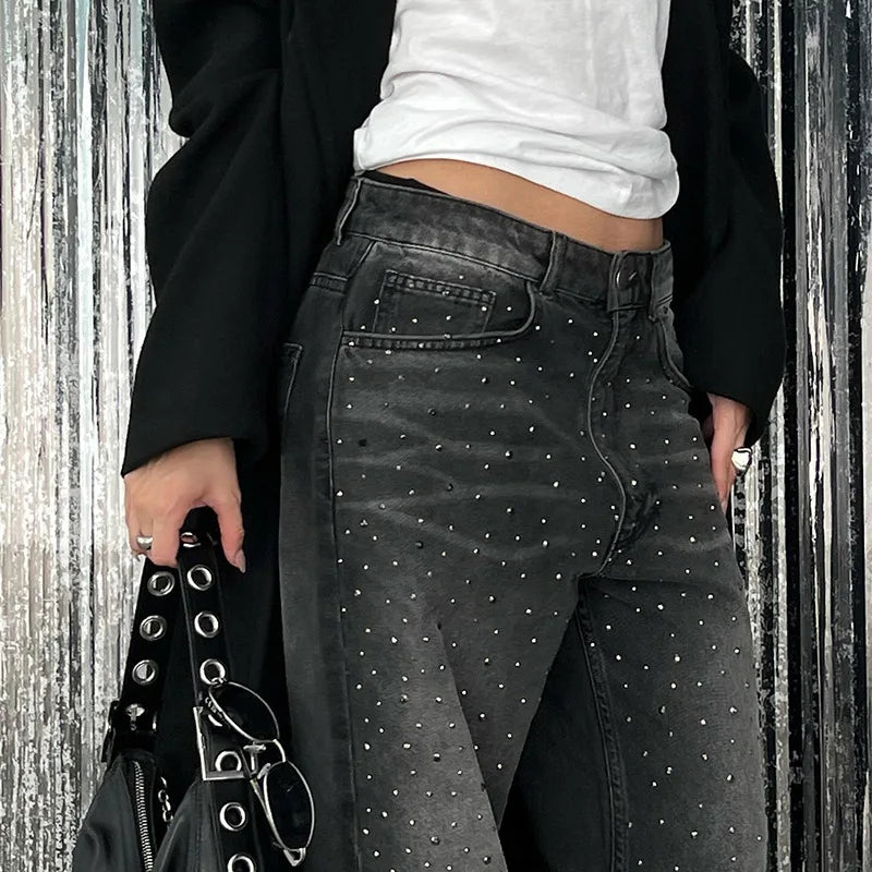 BKQU - Pantalones vaqueros rectos y holgados para mujer, cintura alta, pierna ancha, con diamantes de imitación, largos, moda urbana 2021, pantalones brillantes con diamantes