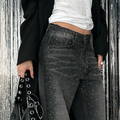 BKQU Straight Baggy Jeans Women High Waist Wide Leg Rhinestones Denim Long Pants 2023 Fashion Streetwear Diamonds Shinny Trouser