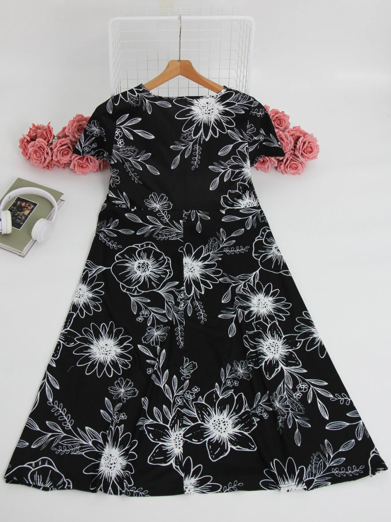 Vestido feminino plus size de manga curta com gola redonda, saia longa estampada floral, saia casual de praia, bainha grande