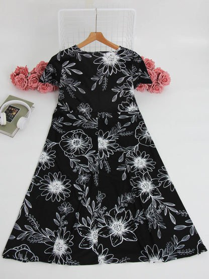 Vestido feminino plus size de manga curta com gola redonda, saia longa estampada floral, saia casual de praia, bainha grande