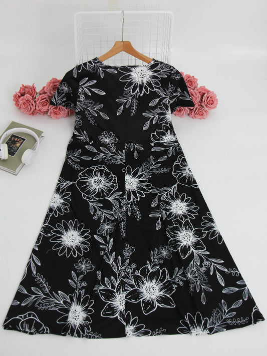 Vestido feminino plus size de manga curta com gola redonda, saia longa estampada floral, saia casual de praia, bainha grande