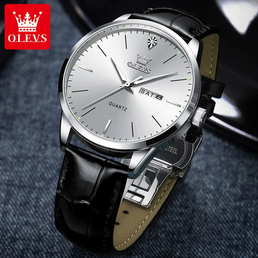 OLEVS 2935 Dual Calendar Quartz Dress Watch For Men Simple Original Leather Men's Watches Waterproof Luminous Business Hand Clock