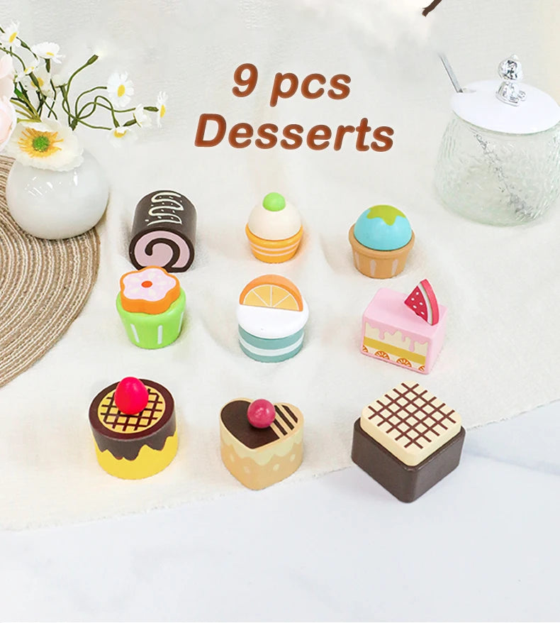 Juego de cocina de madera Montessori con platos y accesorios, ideal como regalo para niños pequeños a partir de 3 años.