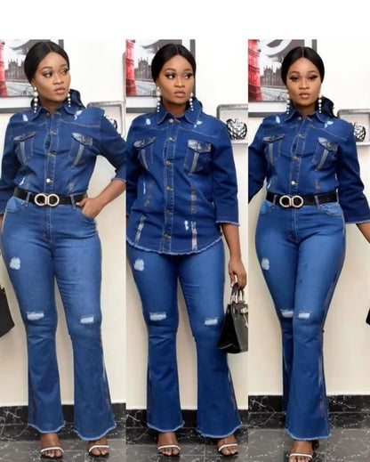 Two Piece Set Women Cowboy Suit Jean Jacket Single Breasted Turndown Collar Hole Flare Pants Female Outfits Casual Ensemble