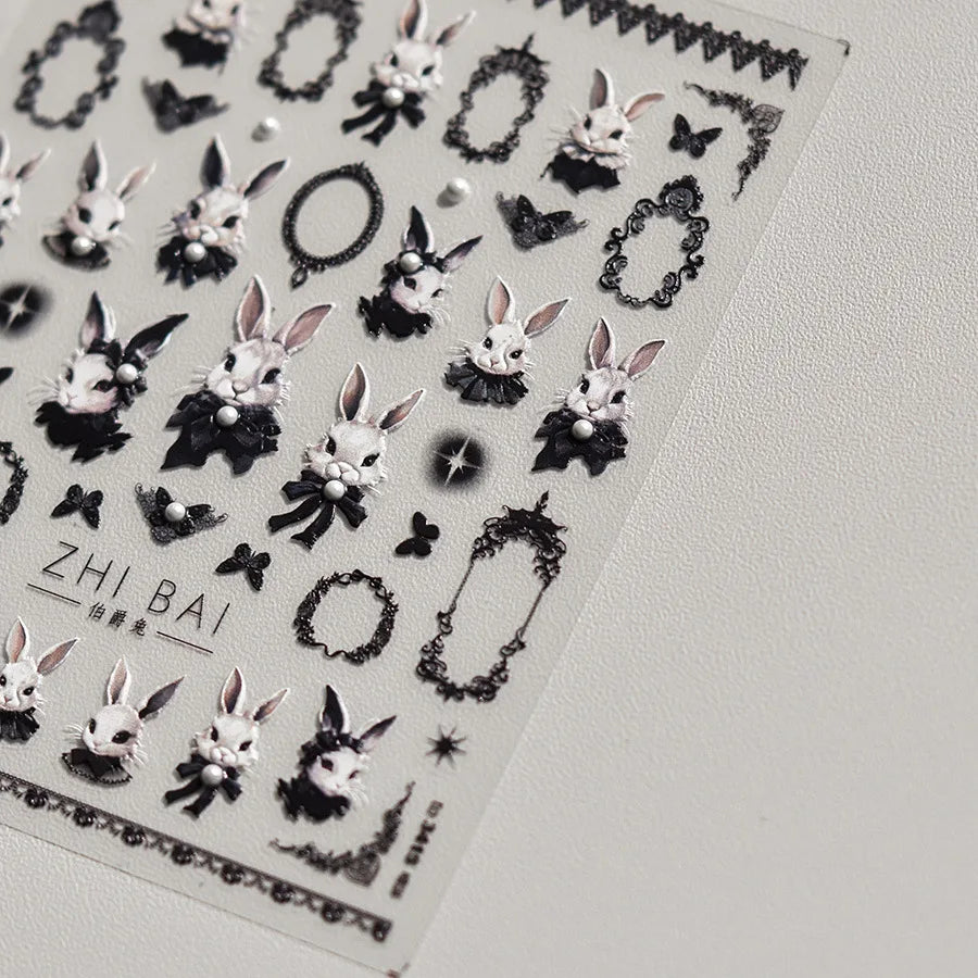 Japanese Punk Style Black Rabbit & Dark Butterfly Nail Stickers 5D Pearl Nail Art Decal Design Manicure Tool High Quality