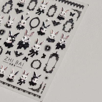 Japanese Punk Style Black Rabbit & Dark Butterfly Nail Stickers 5D Pearl Nail Art Decal Design Manicure Tool High Quality