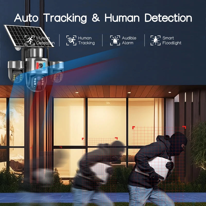 20MP 4G Sim Solar Camera WiFi 10X Optical Zoom 3-PTZ 4-Lens 3-Screens Outdoor Wireless Security Cameras Auto Tracking CCTV V380