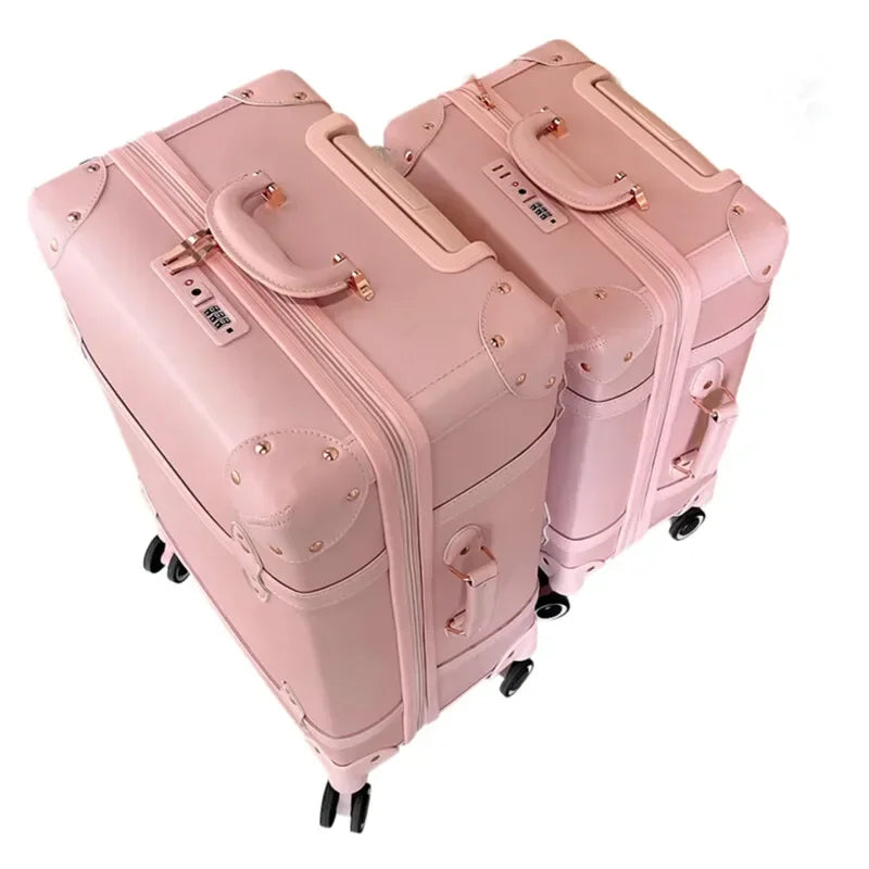 Vintage Leather Women Luggage Set 20in Carry-On + 24/26in Checked Suitcase Luxury Travel Trolley Case with Pink Handbag