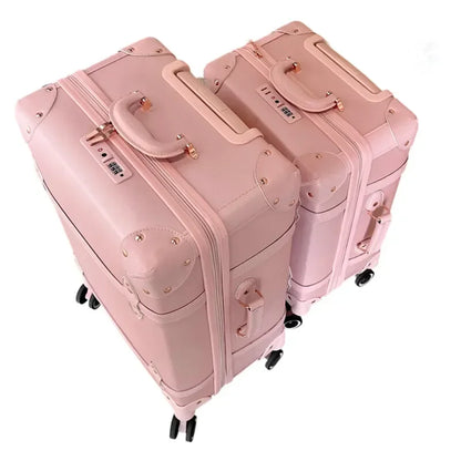Vintage Leather Women Luggage Set 20in Carry-On + 24/26in Checked Suitcase Luxury Travel Trolley Case with Pink Handbag